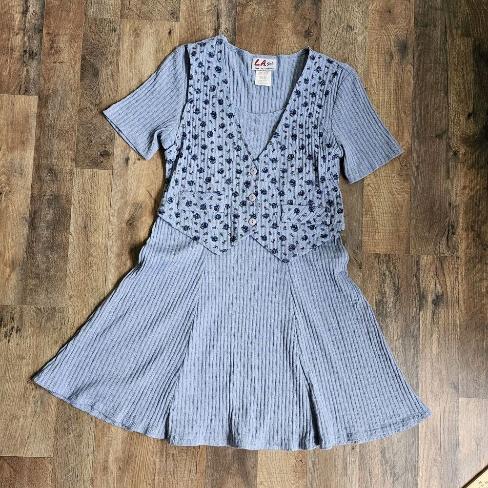 L.A. Gal Vintage 90s Y2K Ribbed Knit Dress with Floral Vest – Junior Size 7/8